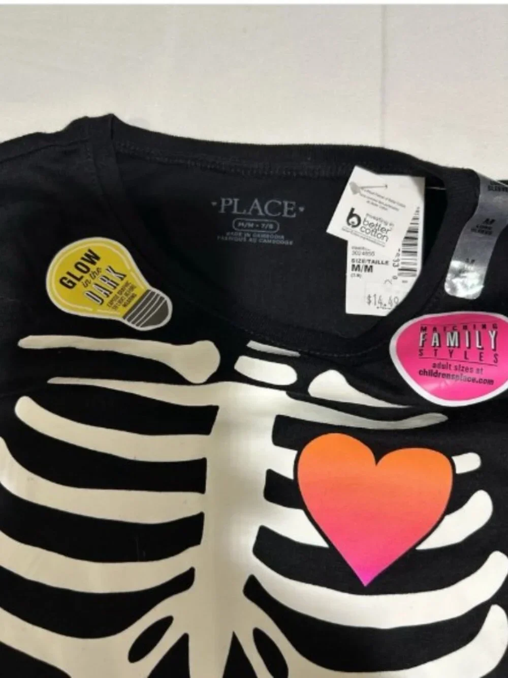 Children's Place Girls Medium 7/8 Black Skeleton Glow in Dark Top Halloween